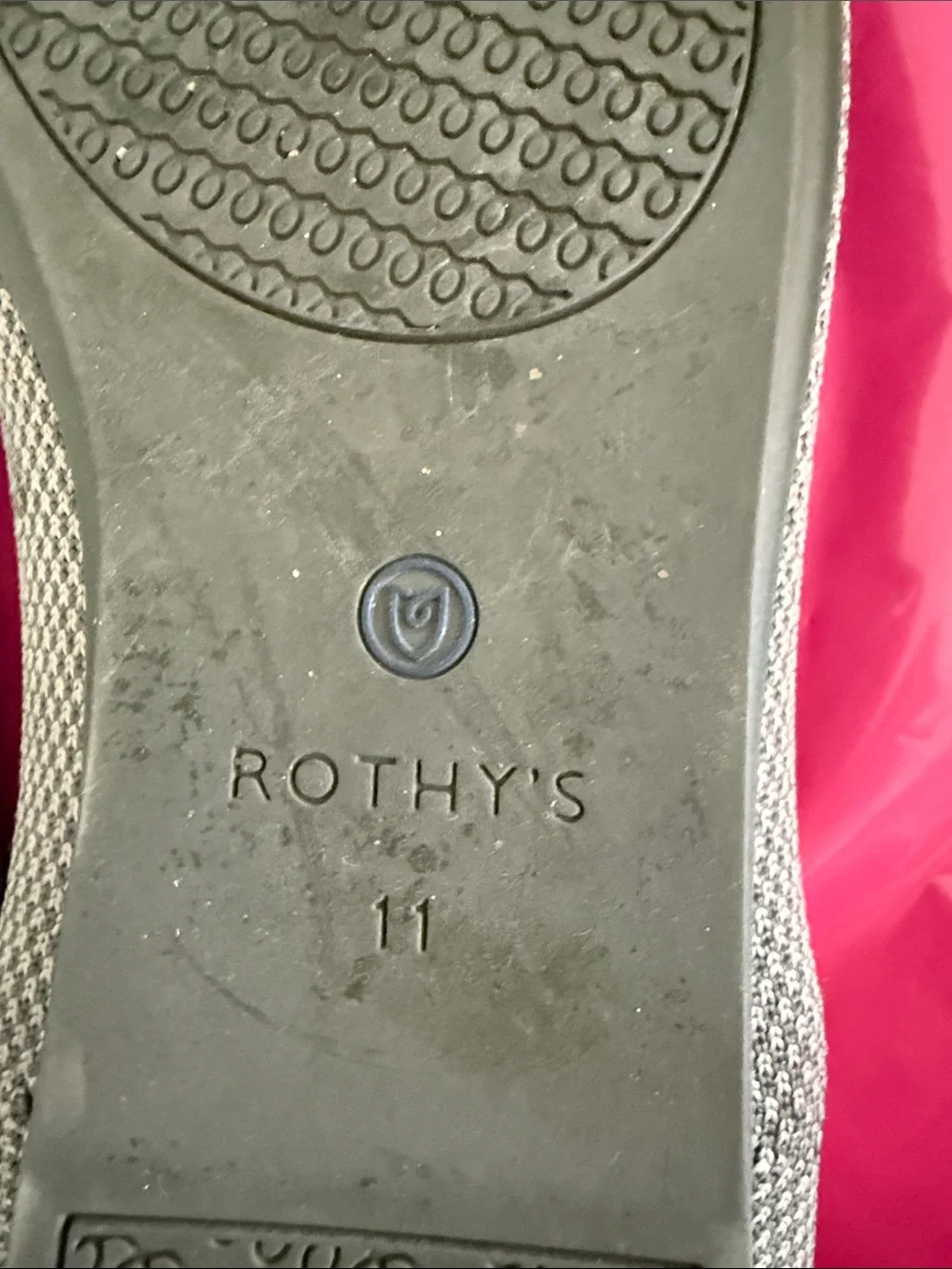 Rothy's Gray Slip-On Flats with Red Insole and Blue Heel Trim